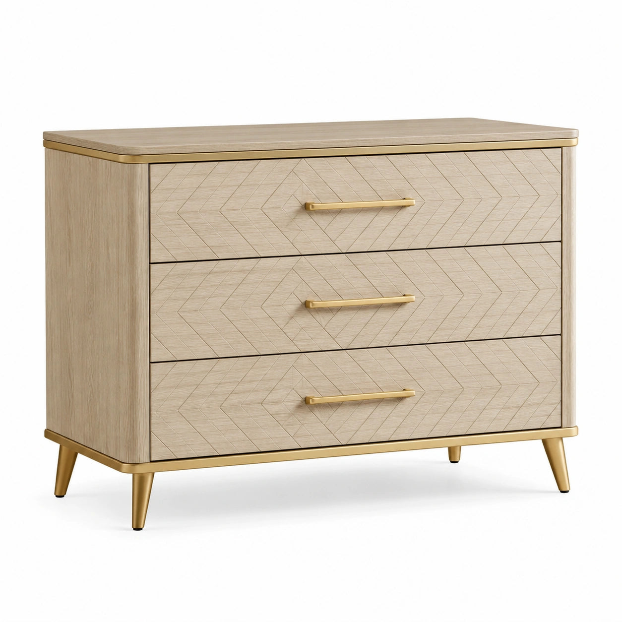 Schubladenschrank aus Eichenholz mit goldenen Metallgriffen, Beige