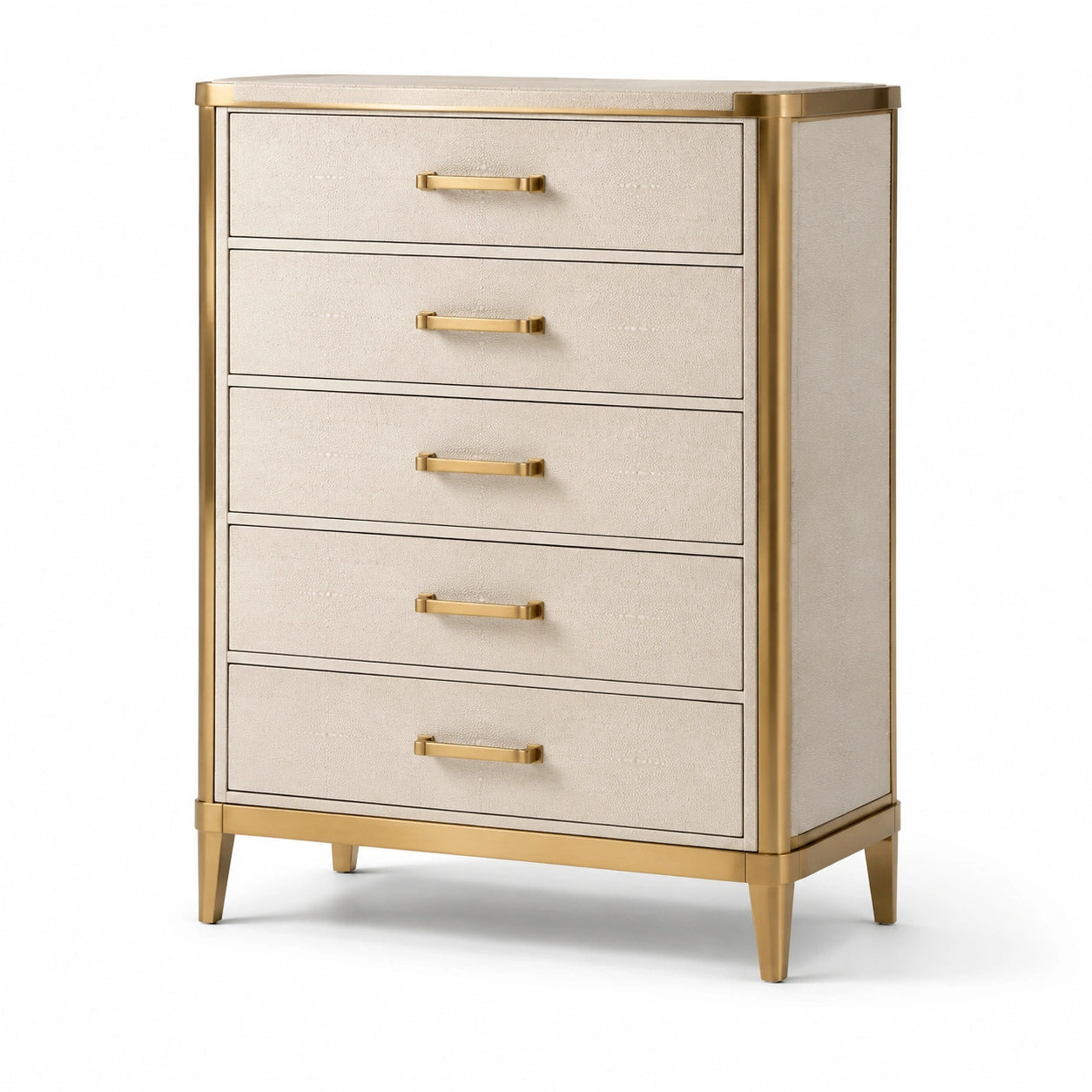 Schubladenschrank aus MDF mit Messingakzenten, 5 Schubladen, Beige
