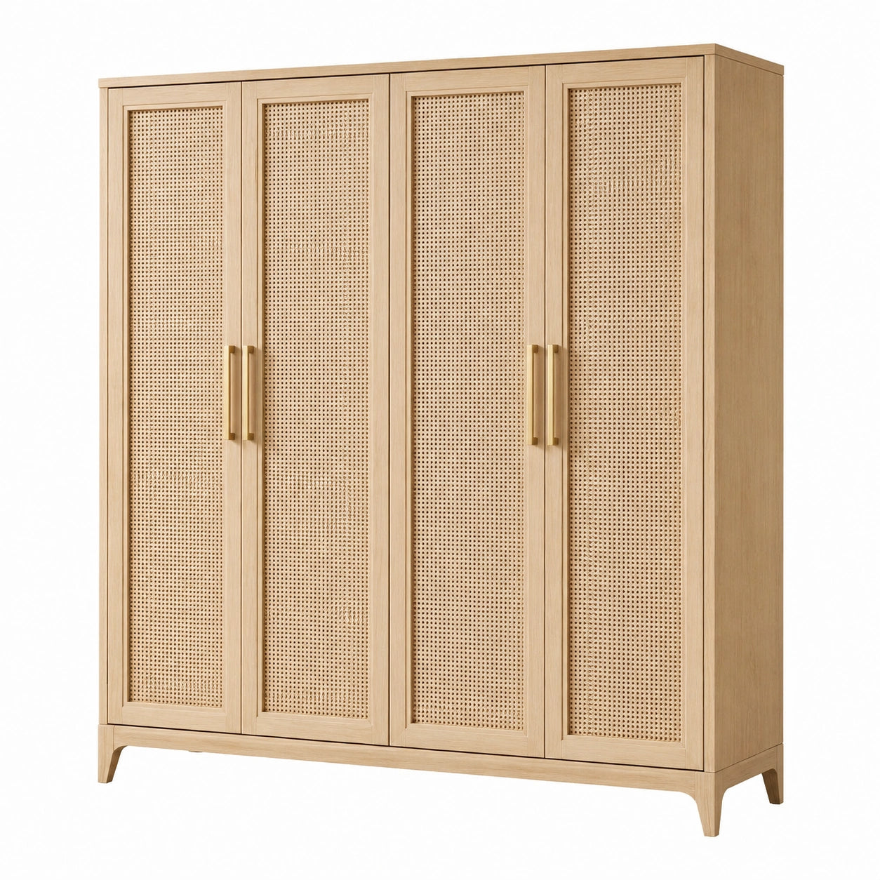Kleiderschrank aus Eichenholz mit Rattangeflecht 4 Türen 200x180x60 cm Natur
