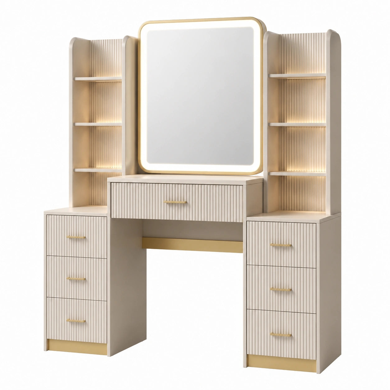 Schminktisch Set Holz mit LED Spiegel Beige 140x40x160cm